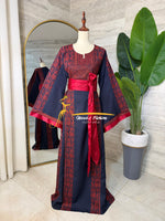 Luxury Navy Blue Thobe with Rich Red Embroidery & Satin Belt - Style MAO326A