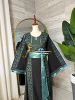 Category Luxury Black Thobe with Sage Green Embroidery & Satin Belt Style MAO326B