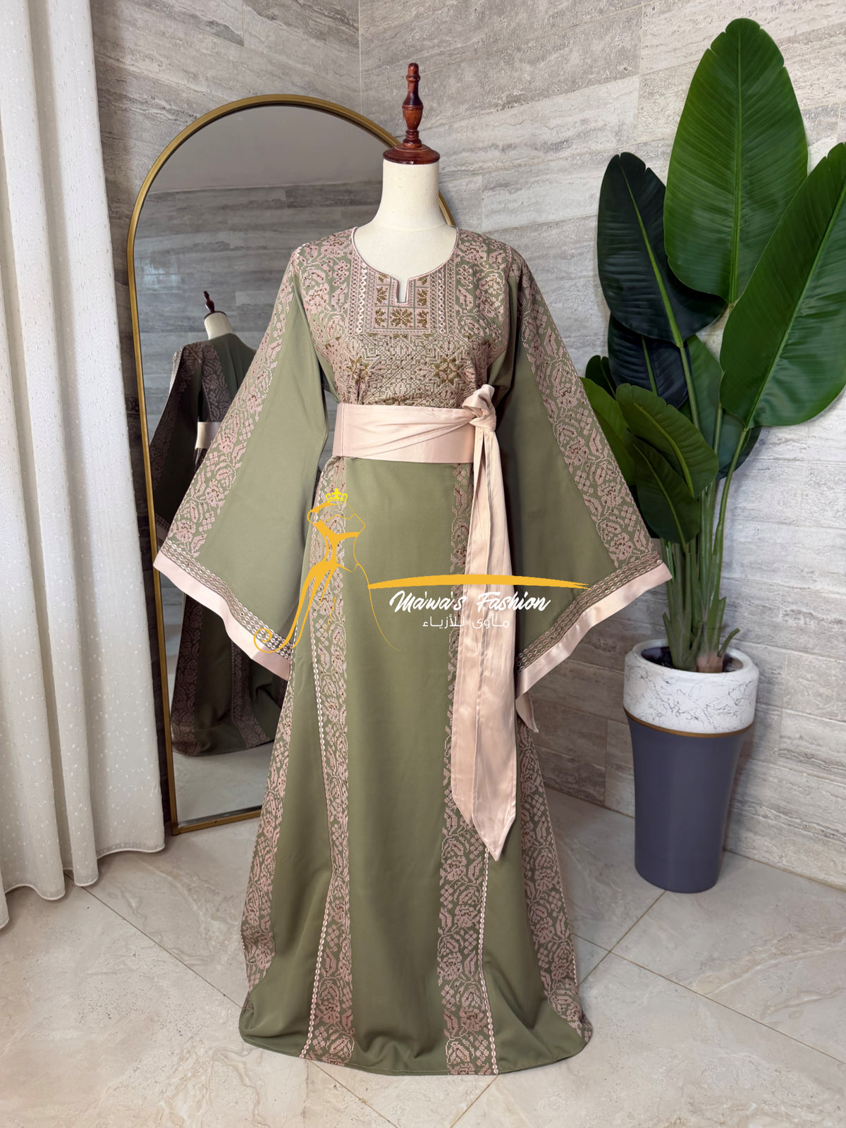 Category Luxury Olive Green Thobe with Blush Pink Embroidery & Satin Belt Style MAO326B