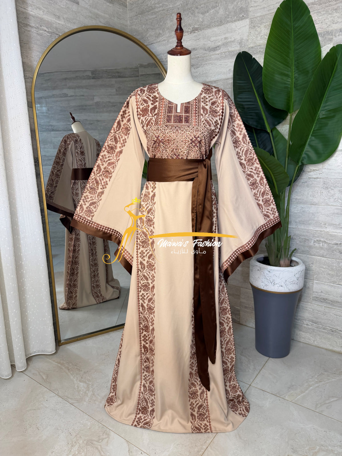 Category Luxury Beige Thobe with Chocolate Brown Embroidery & Satin Belt Style MAO326C