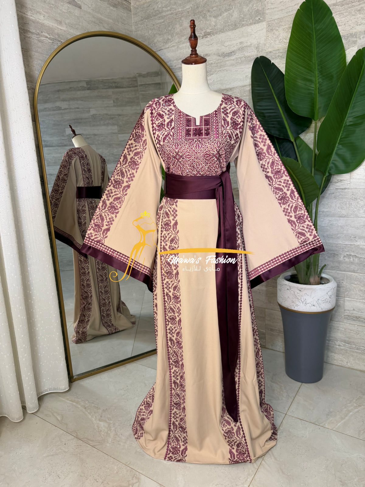 Category Luxury Beige Thobe with Burgundy Embroidery & Satin Belt Style MAO326D