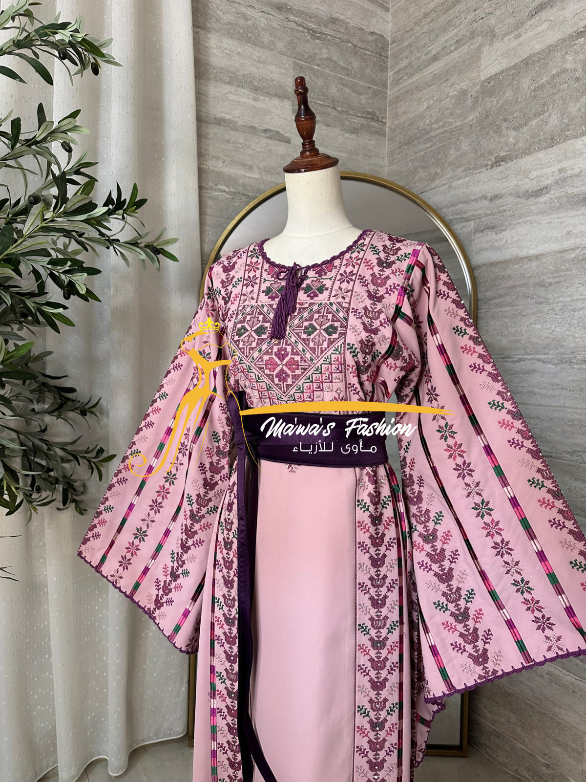 Luxury Blush Pink Embroidered Thobe with Hand-Crocheted Trim Style MZ126B