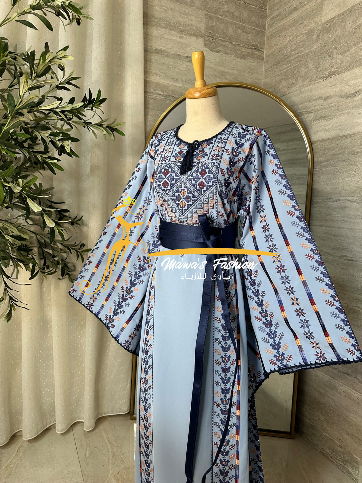 Luxury Sky Blue Embroidered Thobe with Hand-Crocheted Trim Style MZ126C