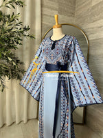 Luxury Sky Blue Embroidered Thobe with Hand-Crocheted Trim Style MZ126C