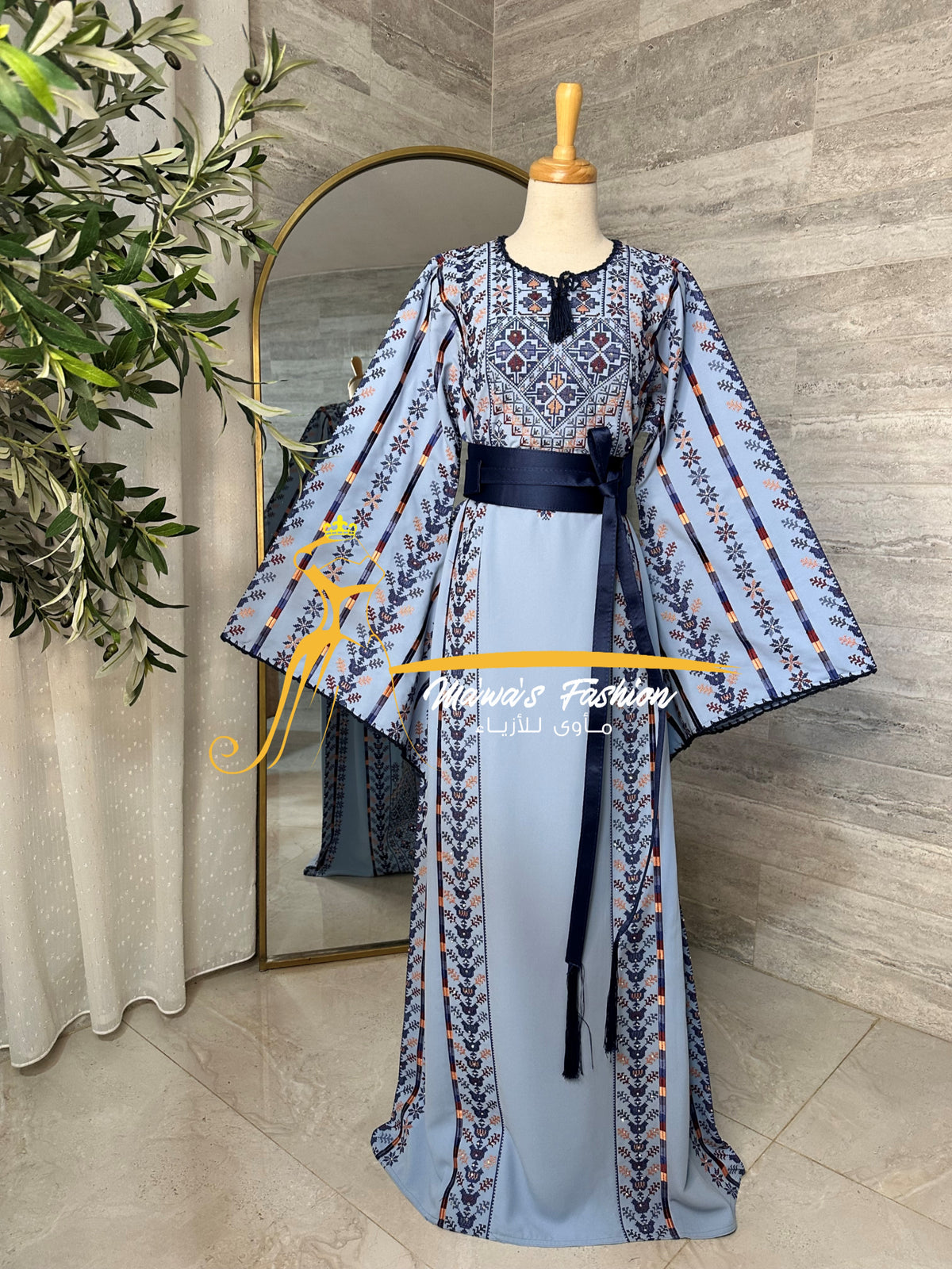 Luxury Sky Blue Embroidered Thobe with Hand-Crocheted Trim Style MZ126C