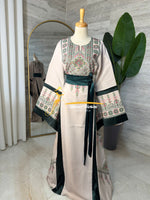 Beige & Emerald Green Embroidered Luxury Thobe - Style Q154