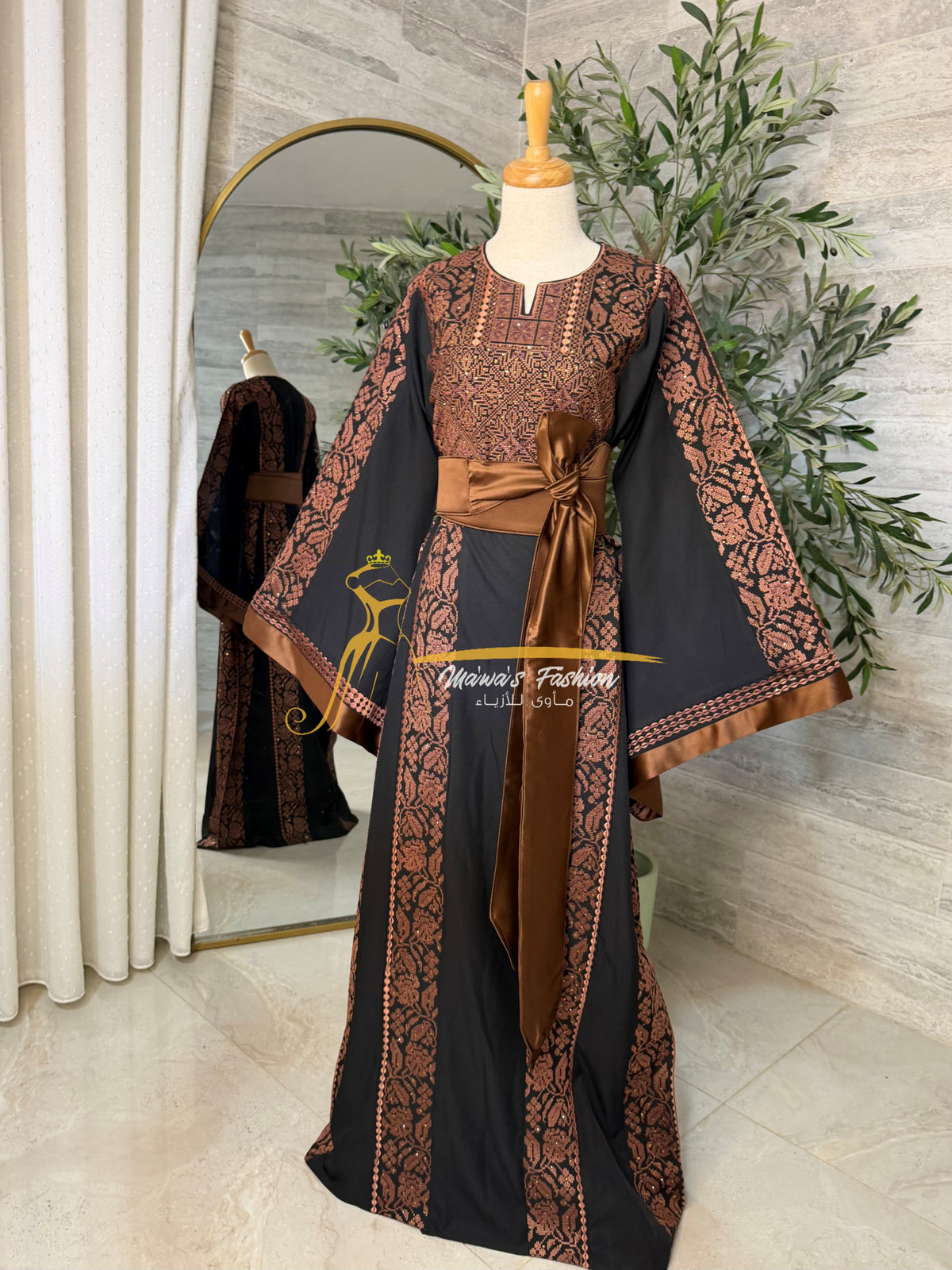 Category Luxury Black Thobe with Chocolate Brown Embroidery & Satin Belt Style MAO326D