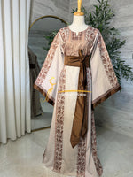 Category Luxury Beige Thobe with Chocolate Brown Embroidery & Satin Belt Style MAO326C