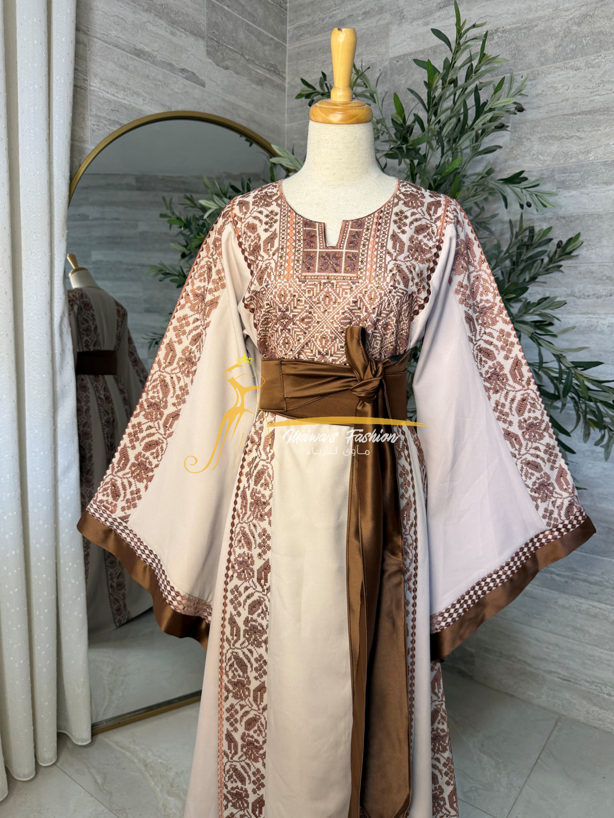 Category Luxury Beige Thobe with Chocolate Brown Embroidery & Satin Belt Style MAO326C
