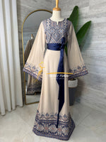 Beige Embroidered Thobe with Satin Belt
