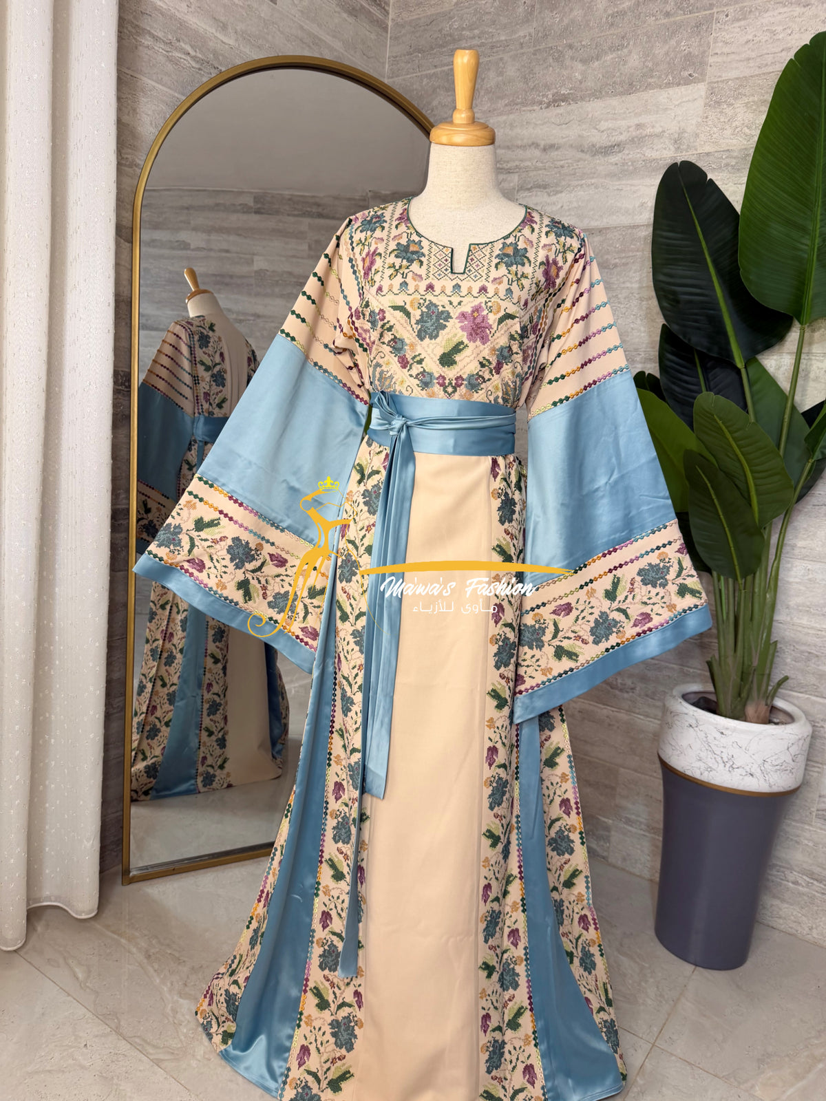 Beige & Sky Blue Thobe - Style Q126