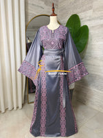 Luxury Grey Satin Embroidered Thobe - Style Q428H