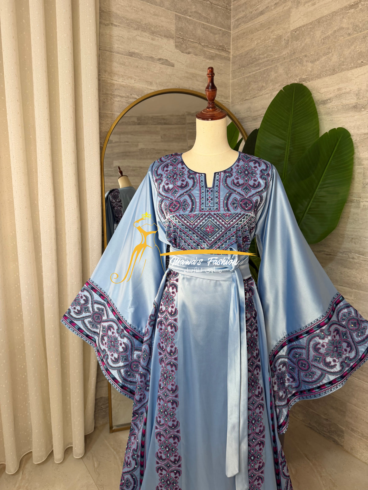 Luxury Sky Blue Satin Embroidered Thobe - Style Q428G
