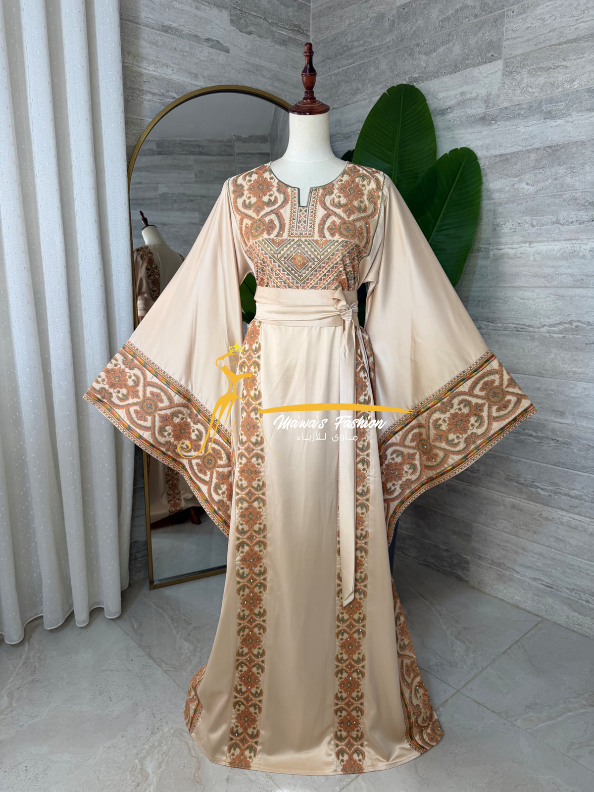 Luxury Golden Beige Satin Embroidered Thobe - Style Q428F