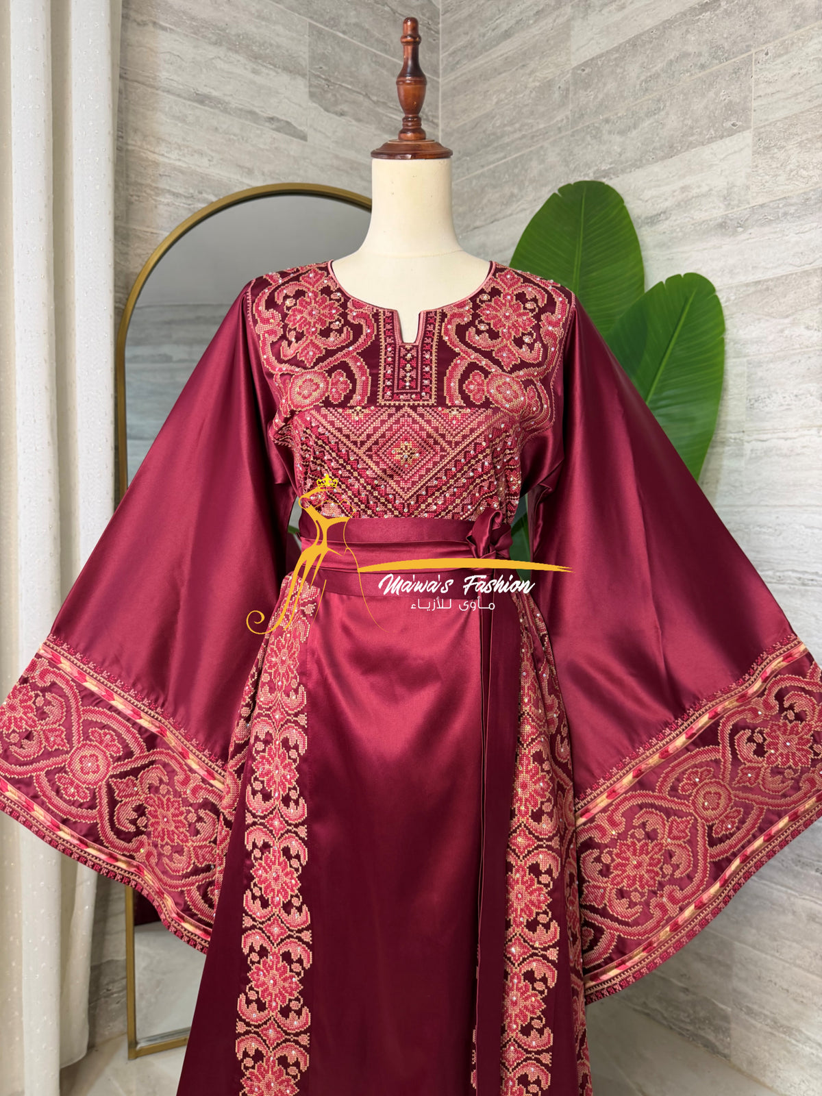 Luxury Burgundy Satin Embroidered Thobe - Style Q428E