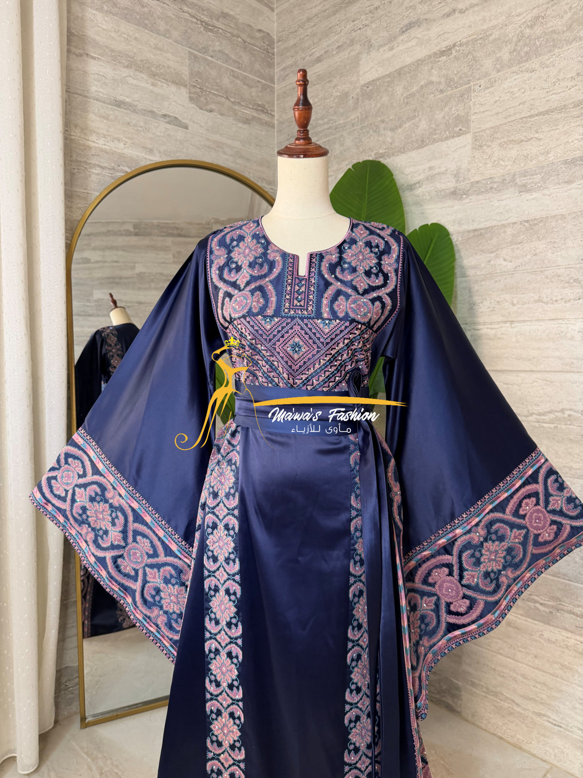 Luxury Navy Blue Satin Embroidered Thobe - Style Q428B