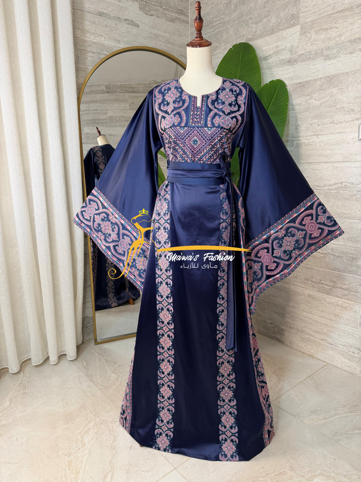 Luxury Navy Blue Satin Embroidered Thobe - Style Q428B