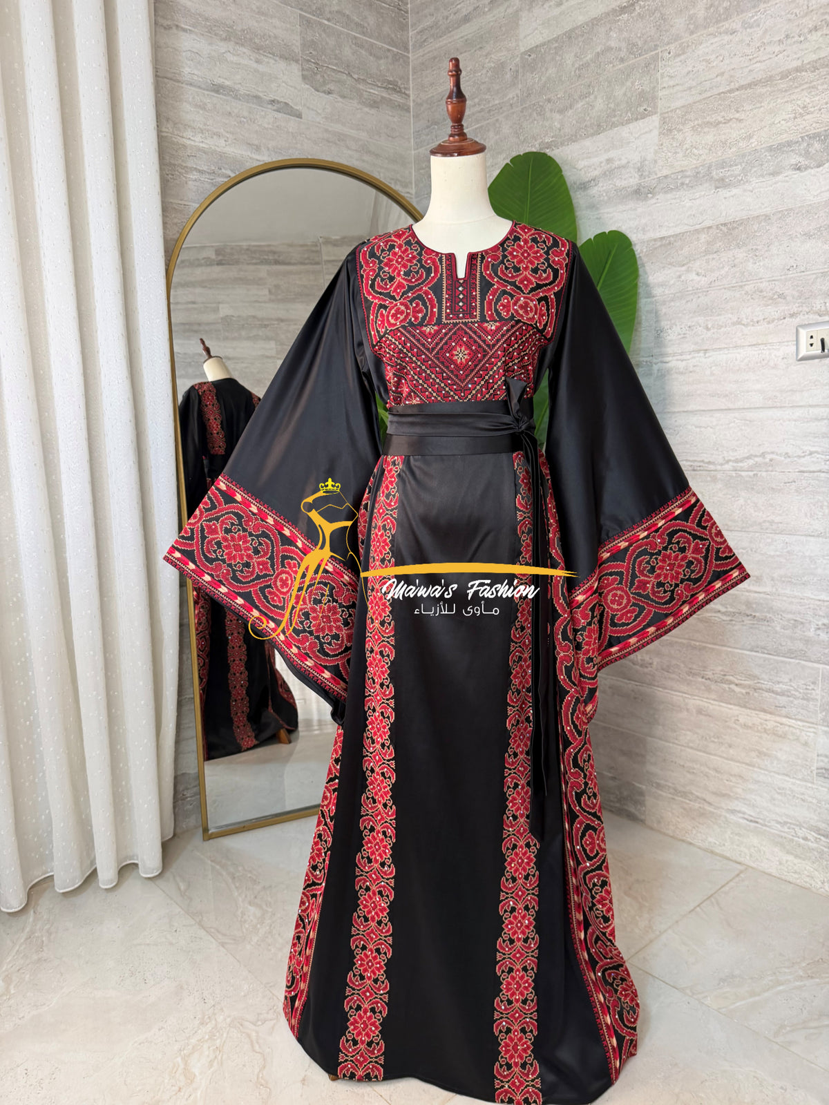 Luxury Black Satin Embroidered Thobe - Style Q428A