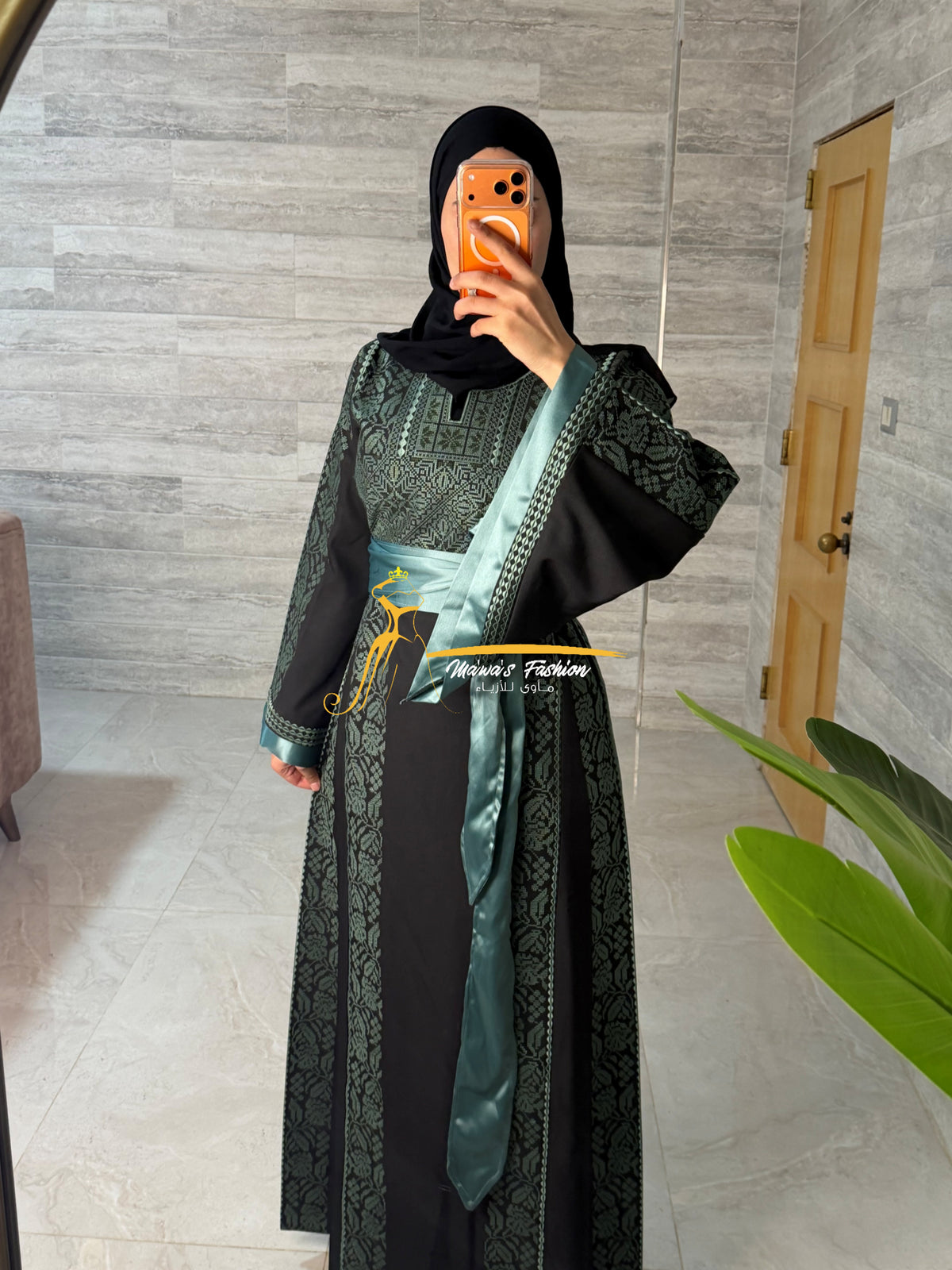 Category Luxury Black Thobe with Sage Green Embroidery & Satin Belt Style MAO326B