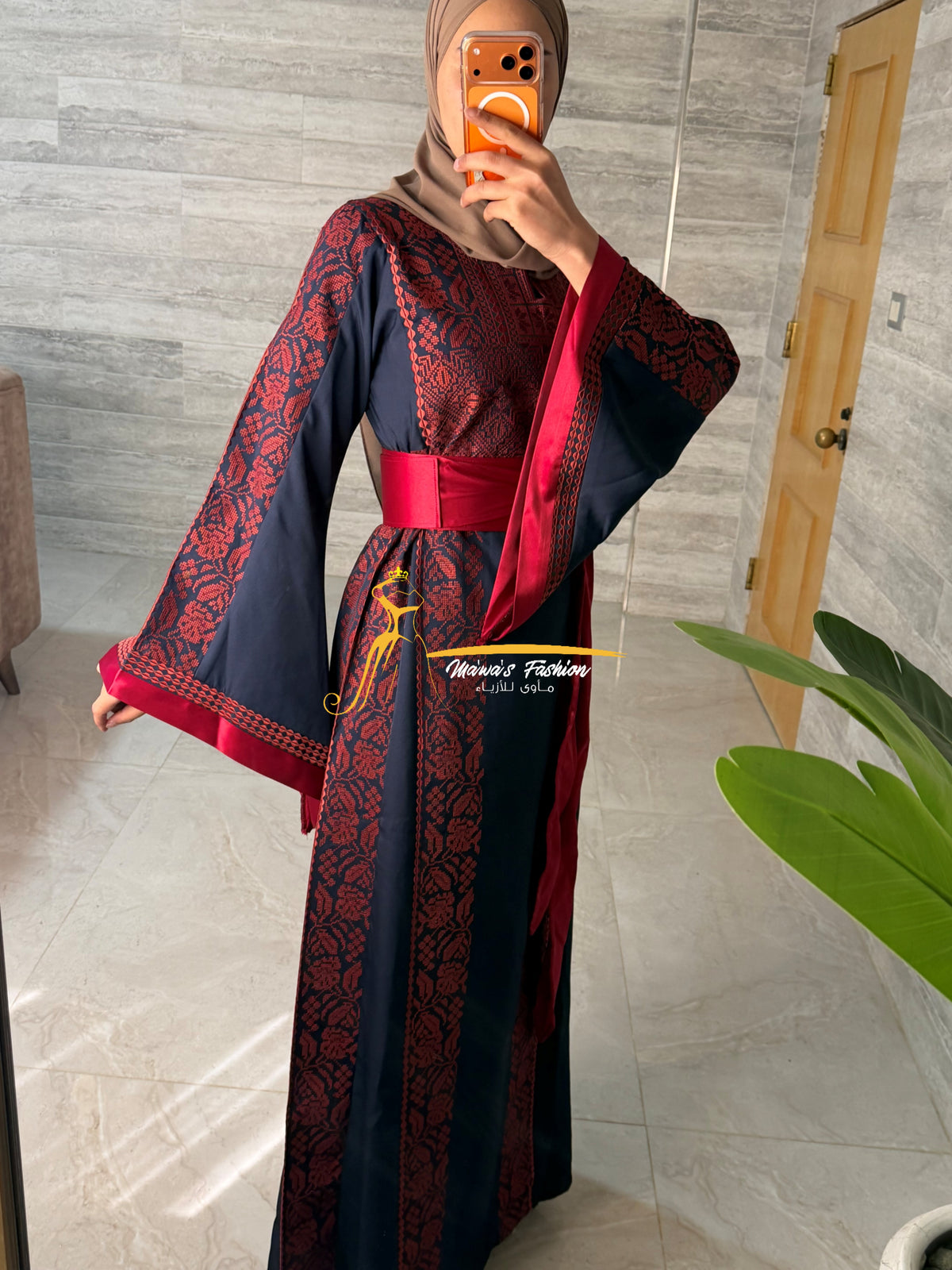Luxury Navy Blue Thobe with Rich Red Embroidery & Satin Belt - Style MAO326A