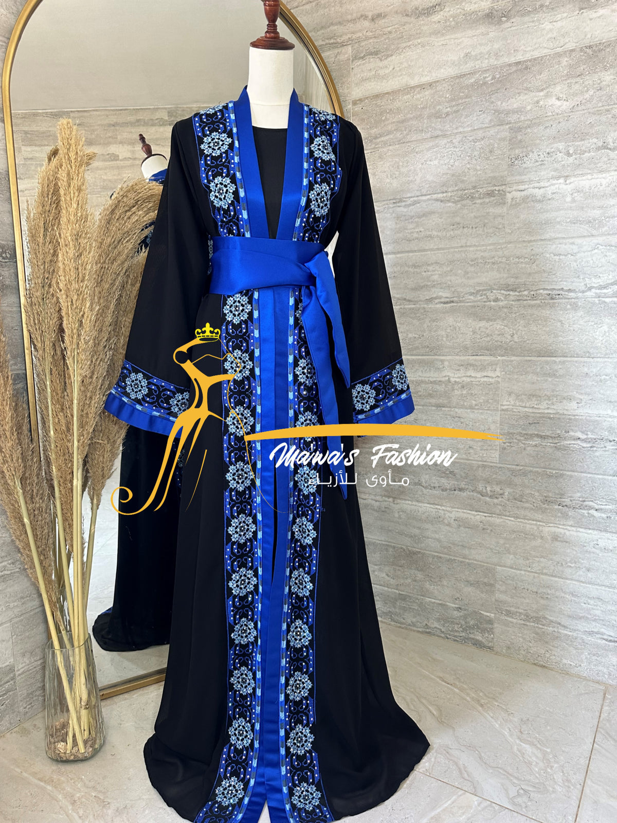 Final sale ….Black and royal blue 3 piece Kaftan / Bisht belt and underdress included
