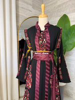 Luxury Black Embroidered Kaftan with Burgundy Saya Belt - Style SHM24126B
