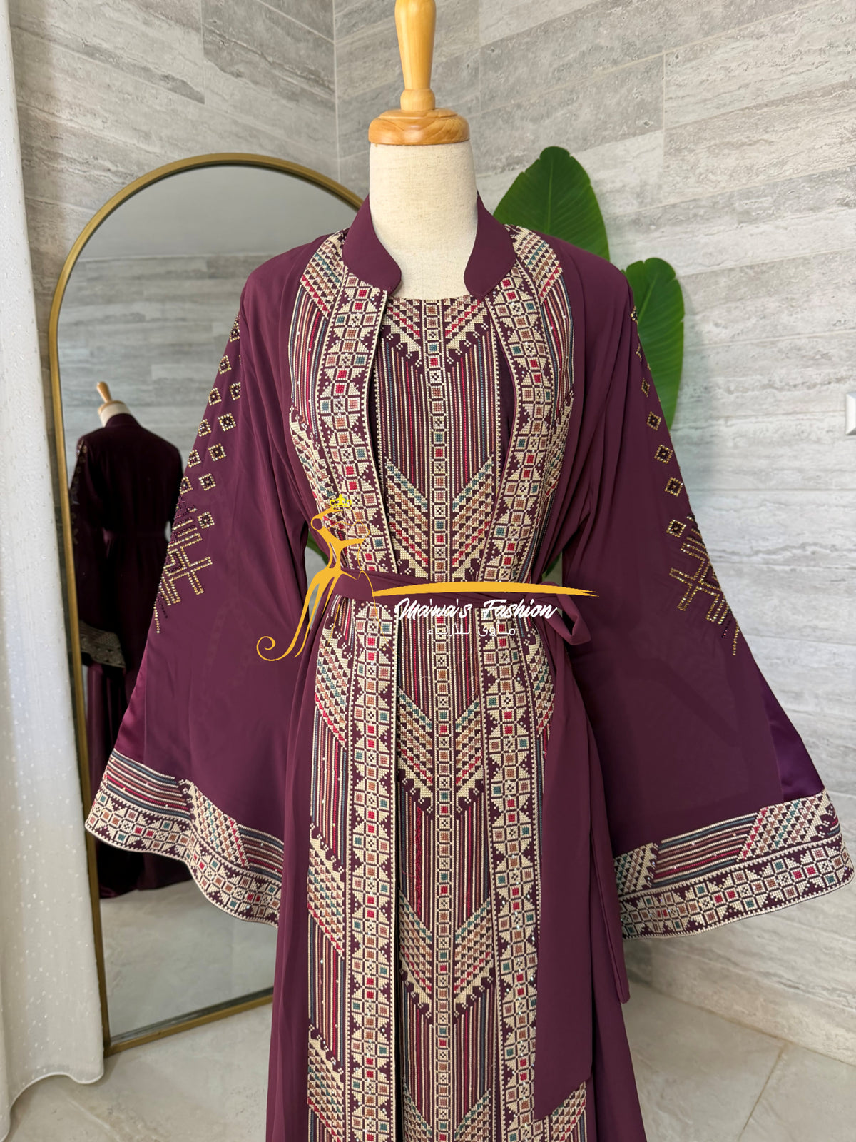 Luxury Burgundy Embroidered Caftan Set - Style H426A