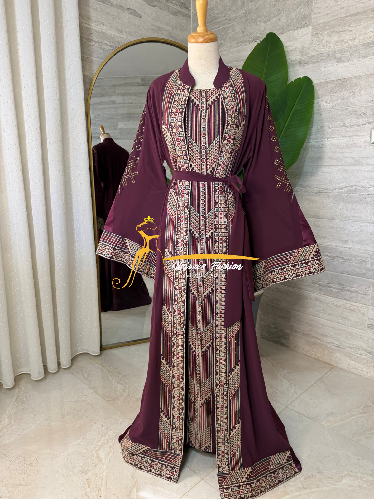 Luxury Burgundy Embroidered Caftan Set - Style H426A