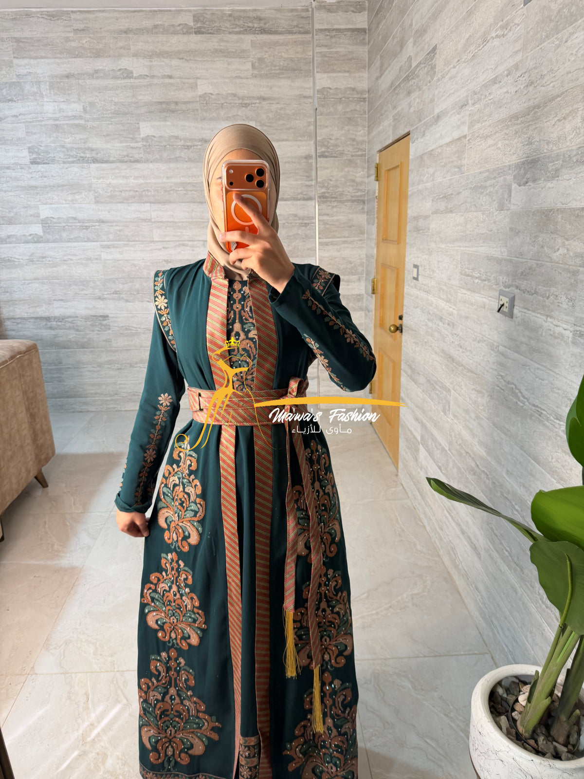 Luxury Emerald Green Embroidered Kaftan with Saya Belt - Style SHM24126
