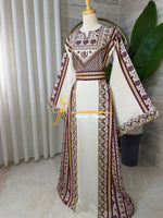 Luxury Off-White Heavy Embroidered Thobe with Beaded Manajel Belt - Style MG526B