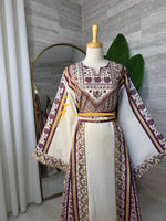 Luxury Off-White Heavy Embroidered Thobe with Beaded Manajel Belt - Style MG526B