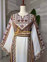 Luxury White Heavy Embroidered Thobe with Beaded Manajel Belt - Style MG526C