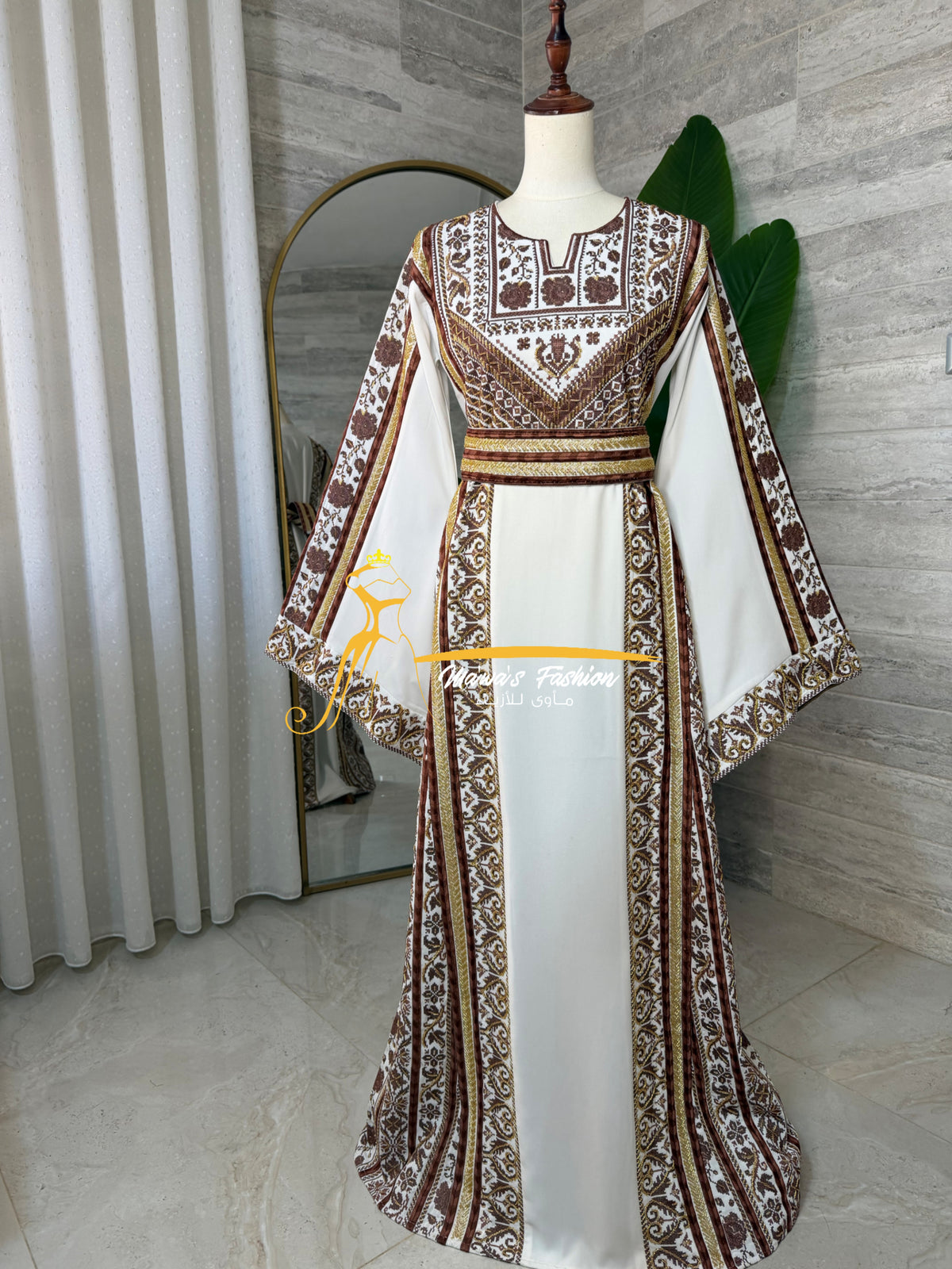 Luxury White Heavy Embroidered Thobe with Beaded Manajel Belt - Style MG526C