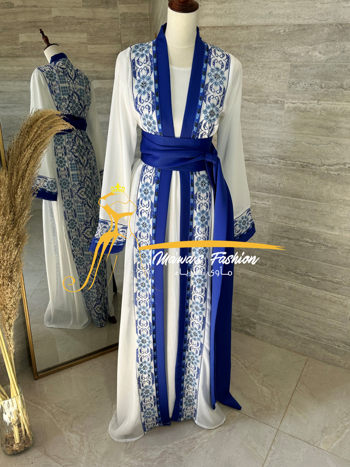 White and royal blue 3 piece Kaftan / Bisht belt and underdress included