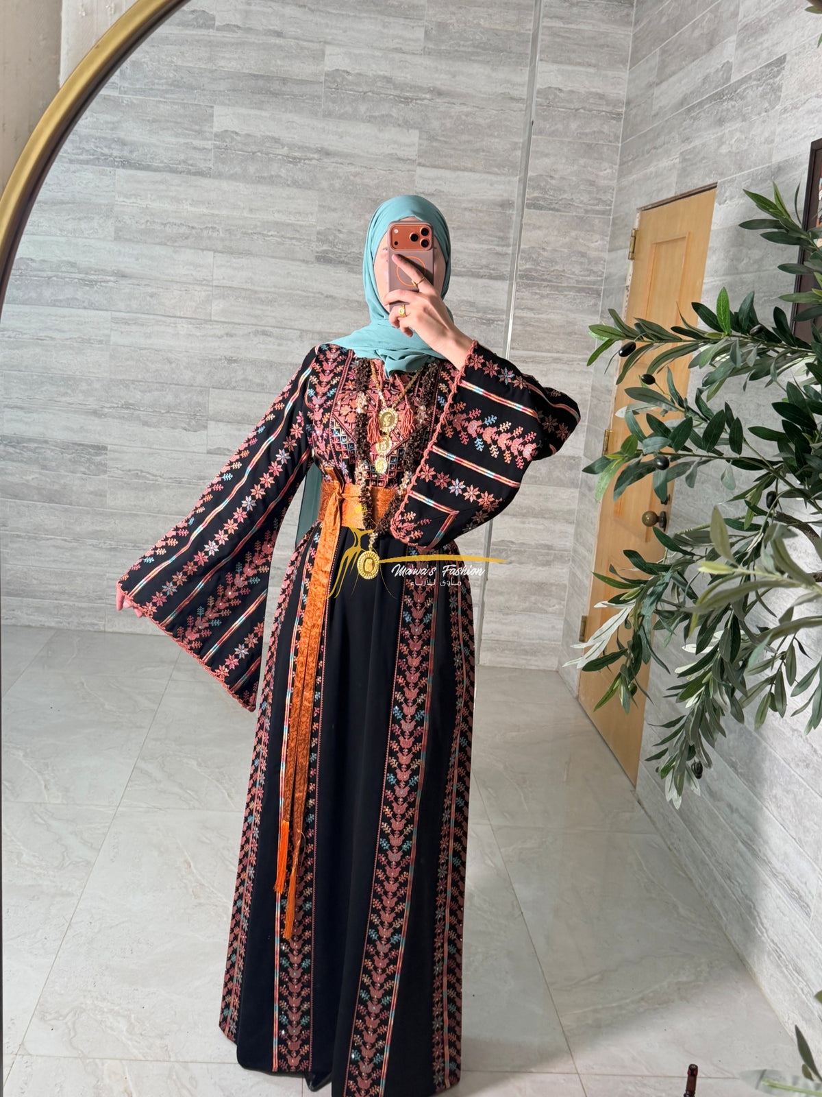 LuxuryBlack Embroidered Thobe with Hand-Crocheted Trim - Style MZ126D