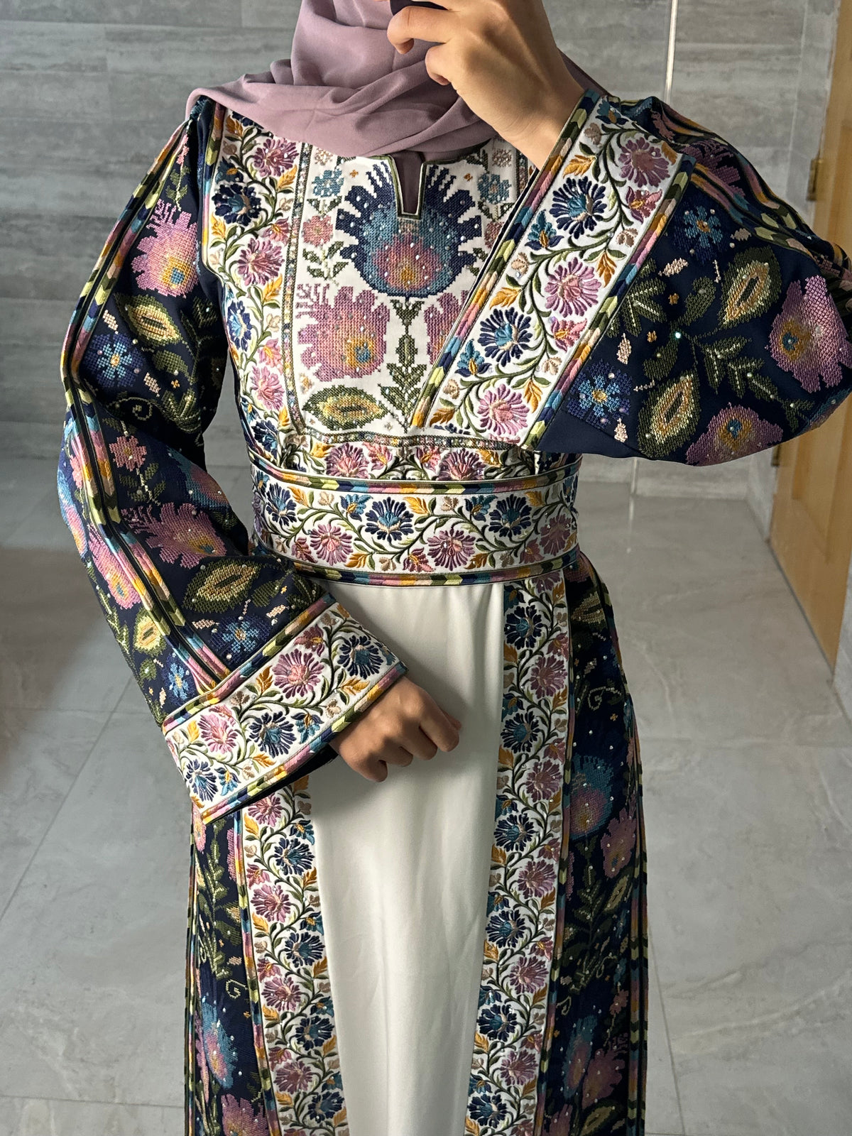 Navy Blue Floral Print Contrast Maxi Thobe Style NQ002B