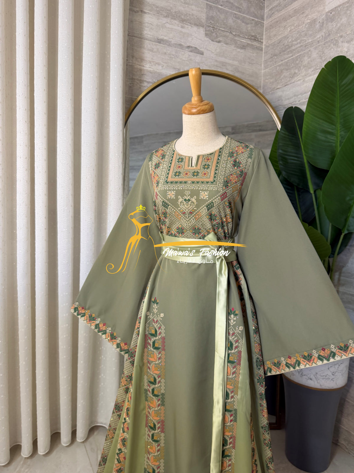 Elegant Embroidered Thobe –Olive Green & Light Pistachio- Style HZ526G