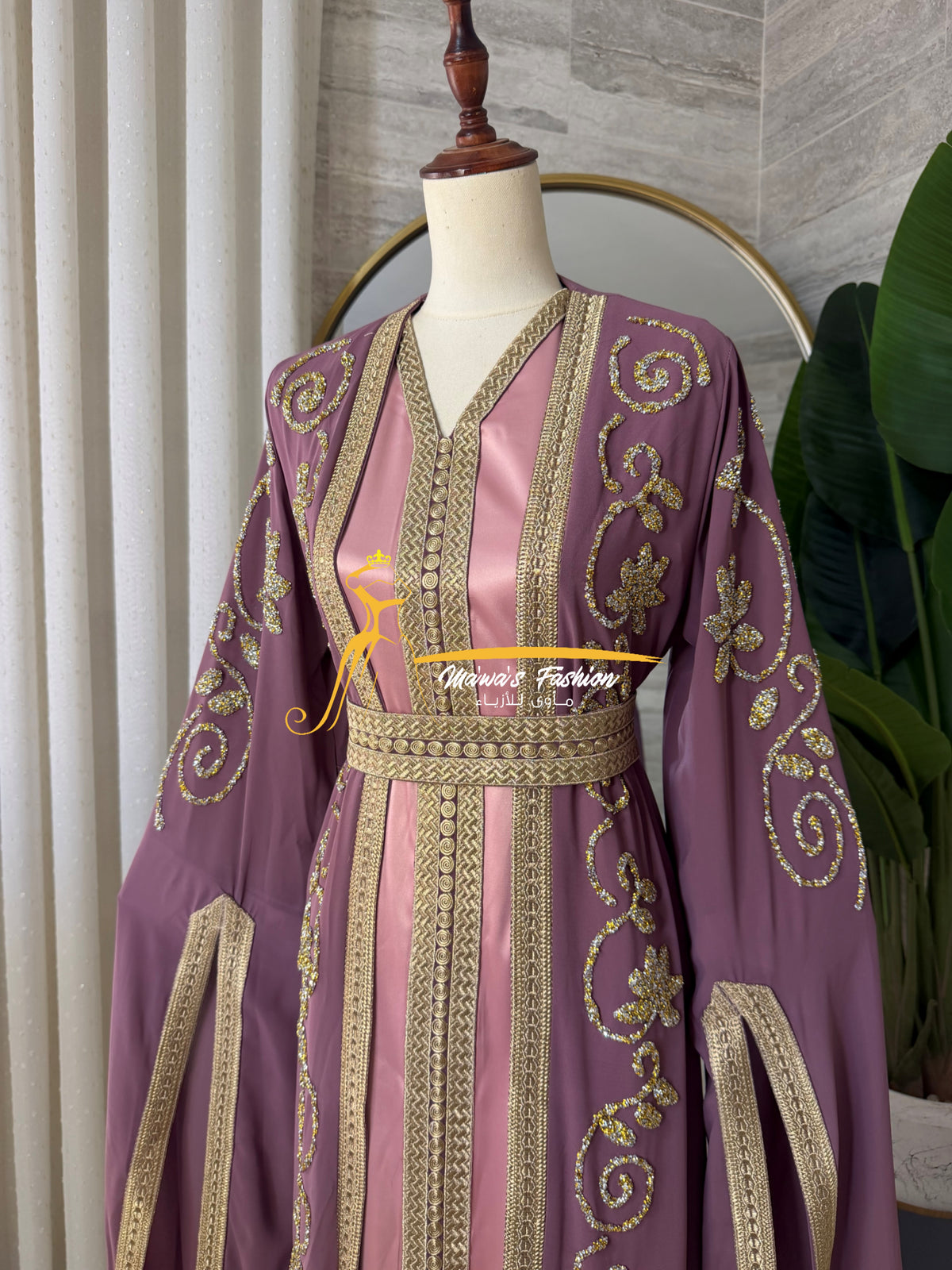 3-Piece Mauve & Gold Luxury Kaftan - Style HK8026A