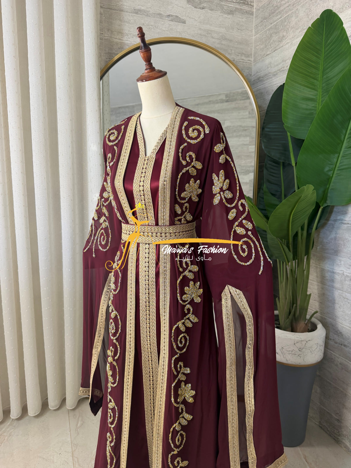 3-Piece Burgundy &Gold Luxury Kaftan - Style HK8026D
