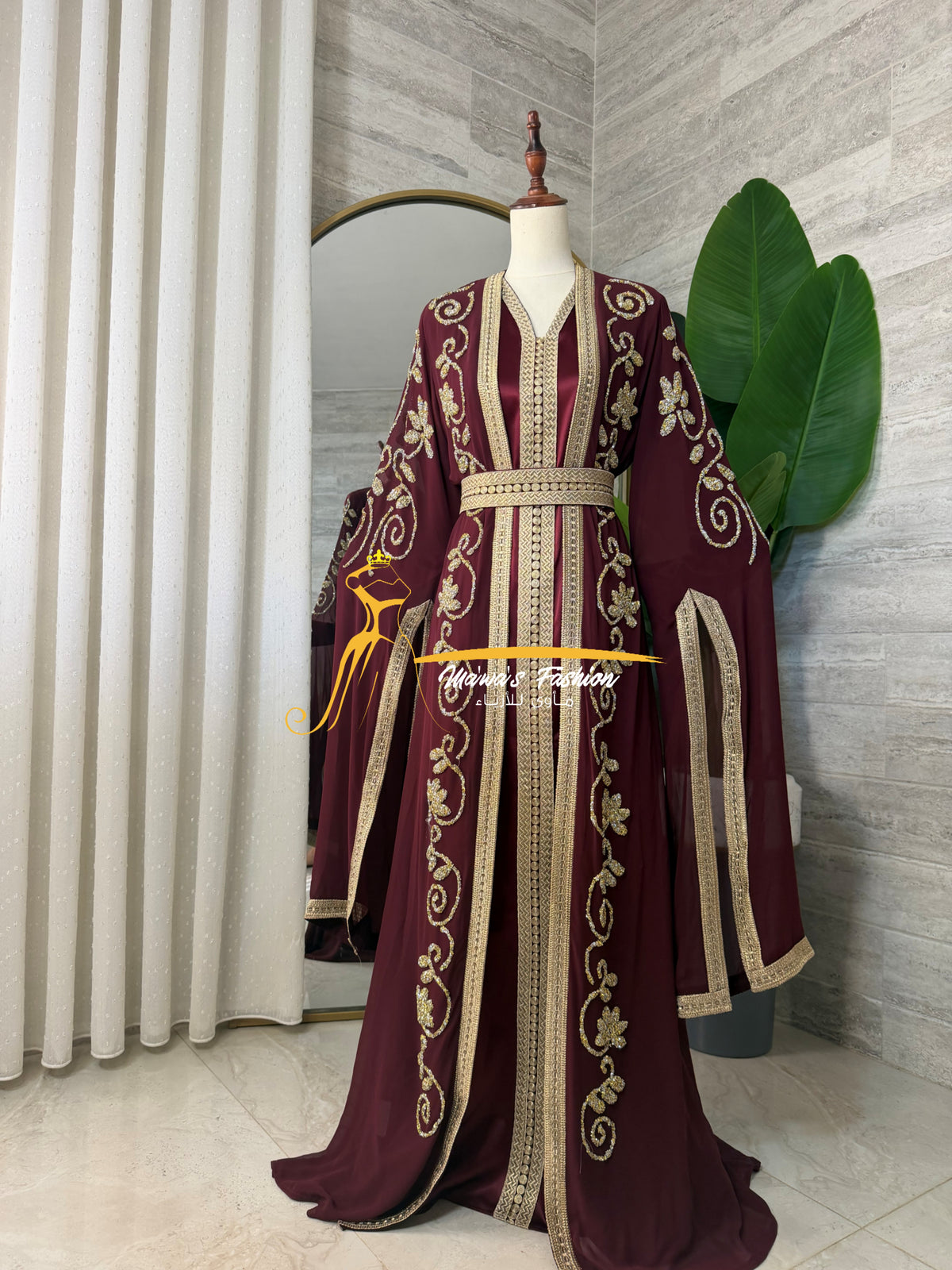 3-Piece Burgundy &Gold Luxury Kaftan - Style HK8026D