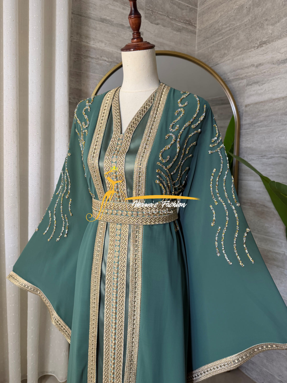 Luxury Sage Green KaftanEmbroidery- Style H3426A