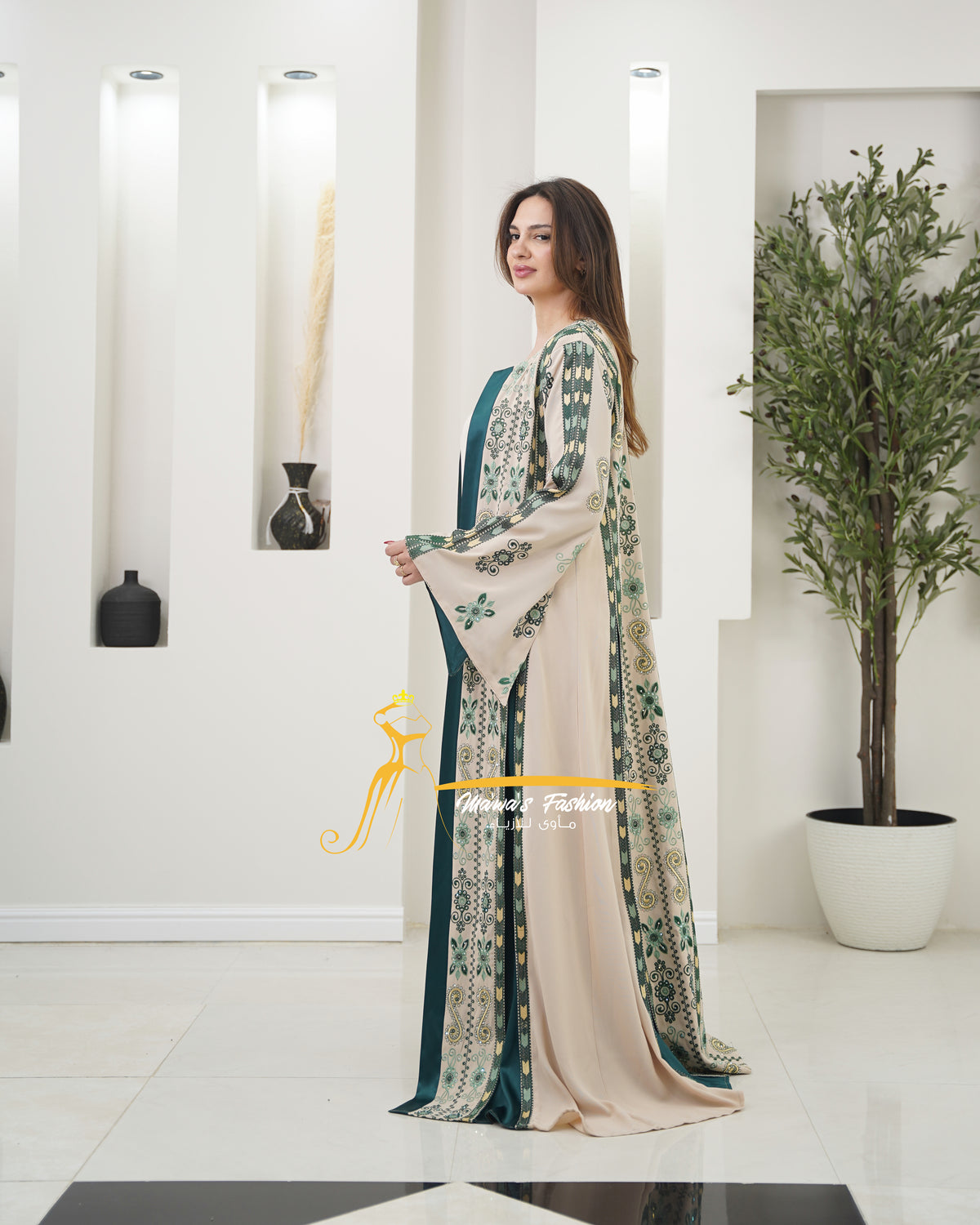 Luxury Beige Kaftan with Emerald Green Embroidery - Style MO326 D