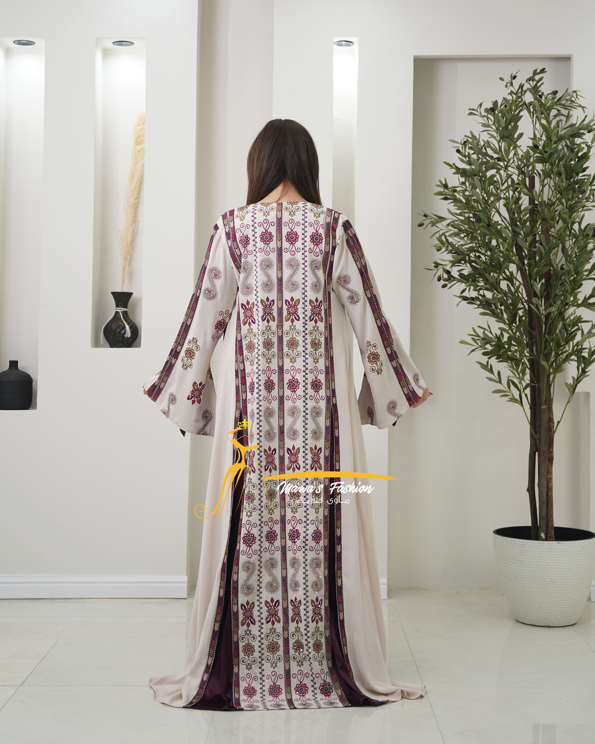 Luxury Beige Kaftan with Burgundy Embroidery- Style MO326 A