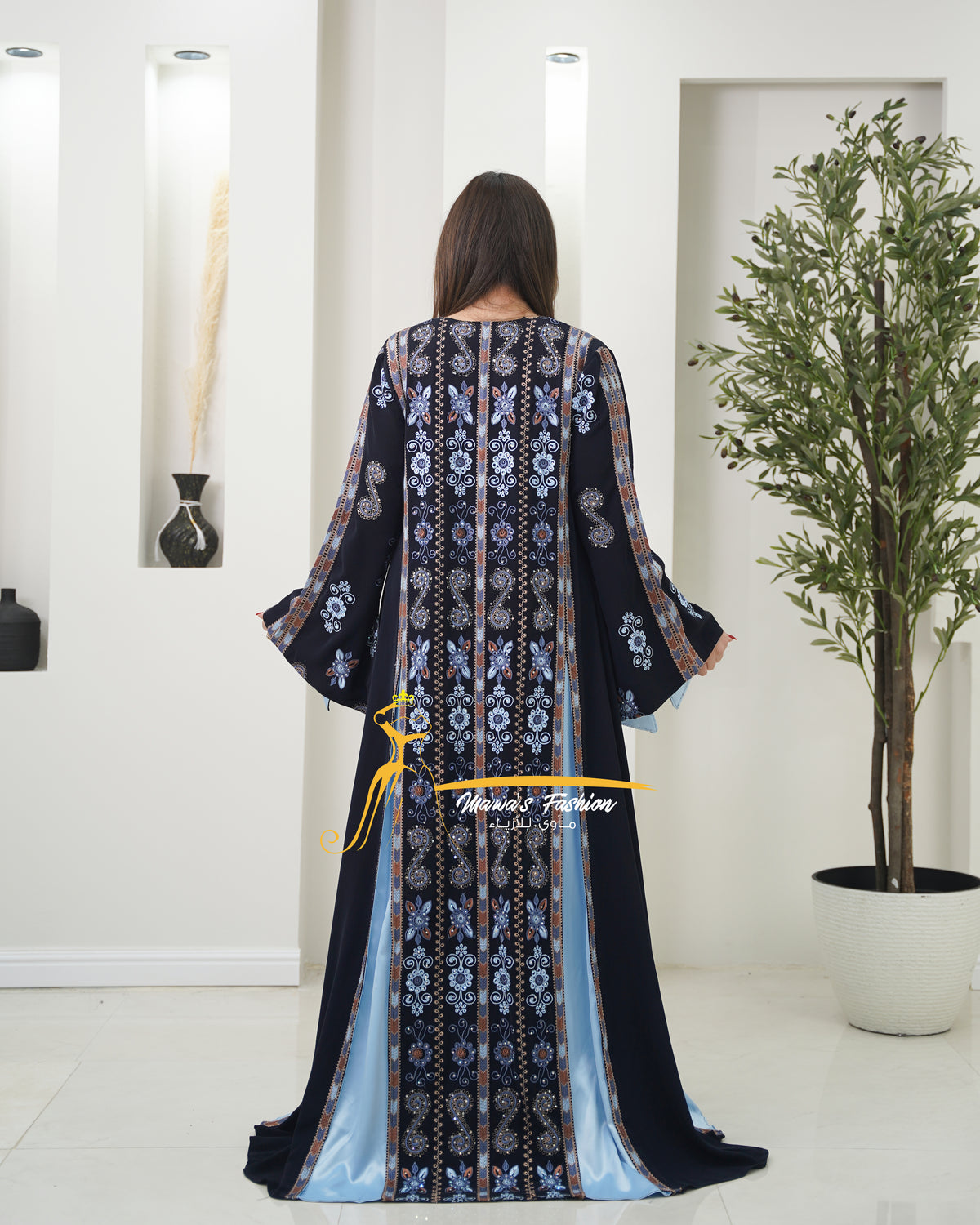 Luxury Navy Kaftan with Sky Blue Embroidery- Style MO326 B