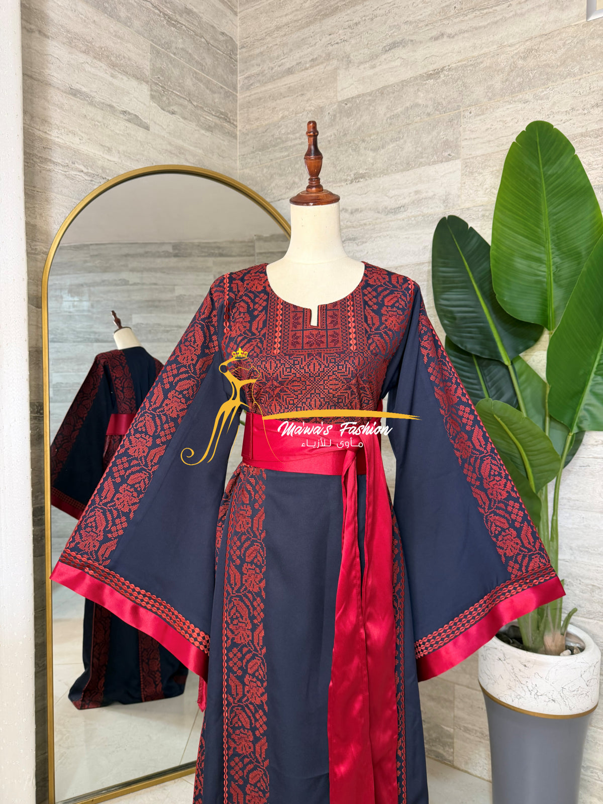 Luxury Navy Blue Thobe with Rich Red Embroidery & Satin Belt - Style MAO326A
