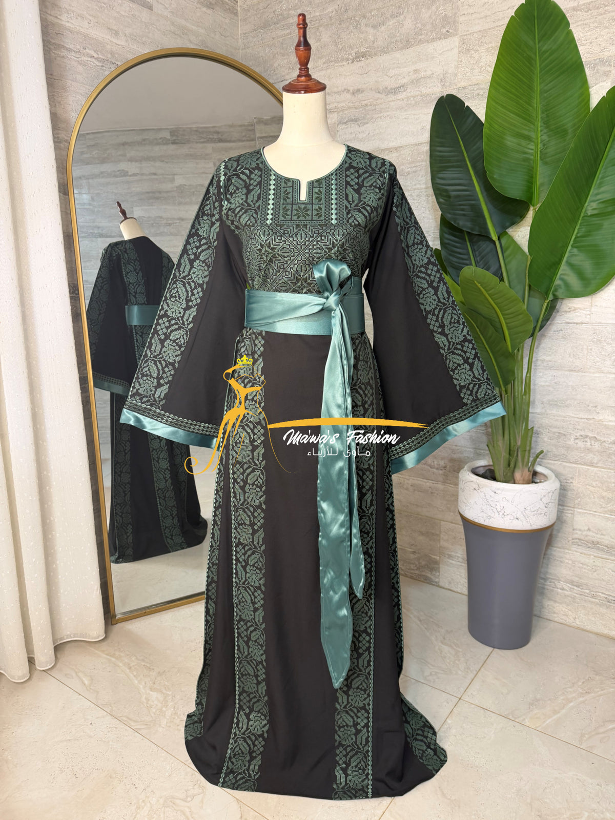 Category Luxury Black Thobe with Sage Green Embroidery & Satin Belt Style MAO326B