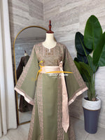 Category Luxury Olive Green Thobe with Blush Pink Embroidery & Satin Belt Style MAO326B