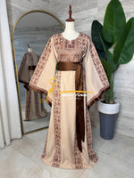 Category Luxury Beige Thobe with Chocolate Brown Embroidery & Satin Belt Style MAO326C