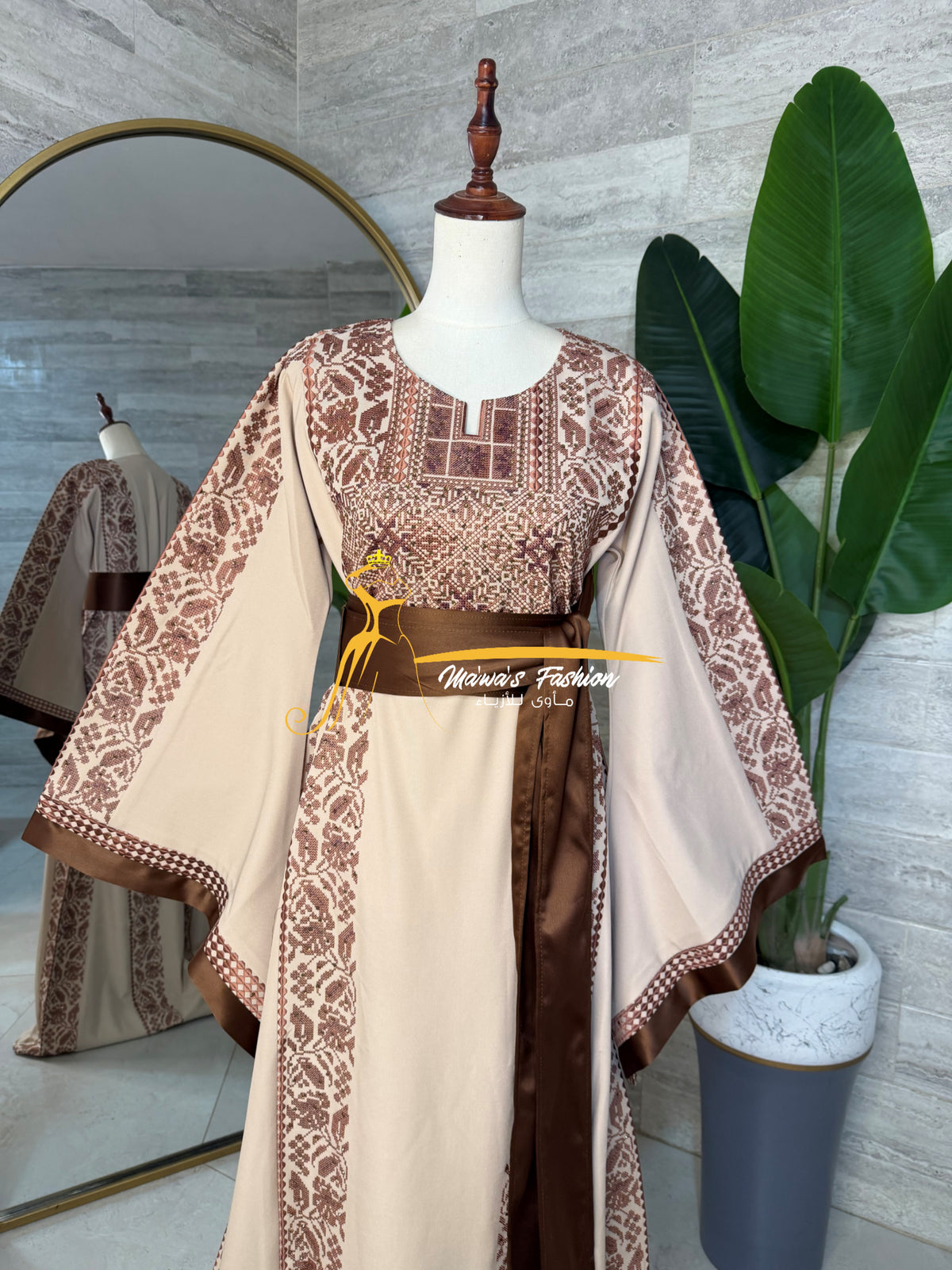 Category Luxury Beige Thobe with Chocolate Brown Embroidery & Satin Belt Style MAO326C