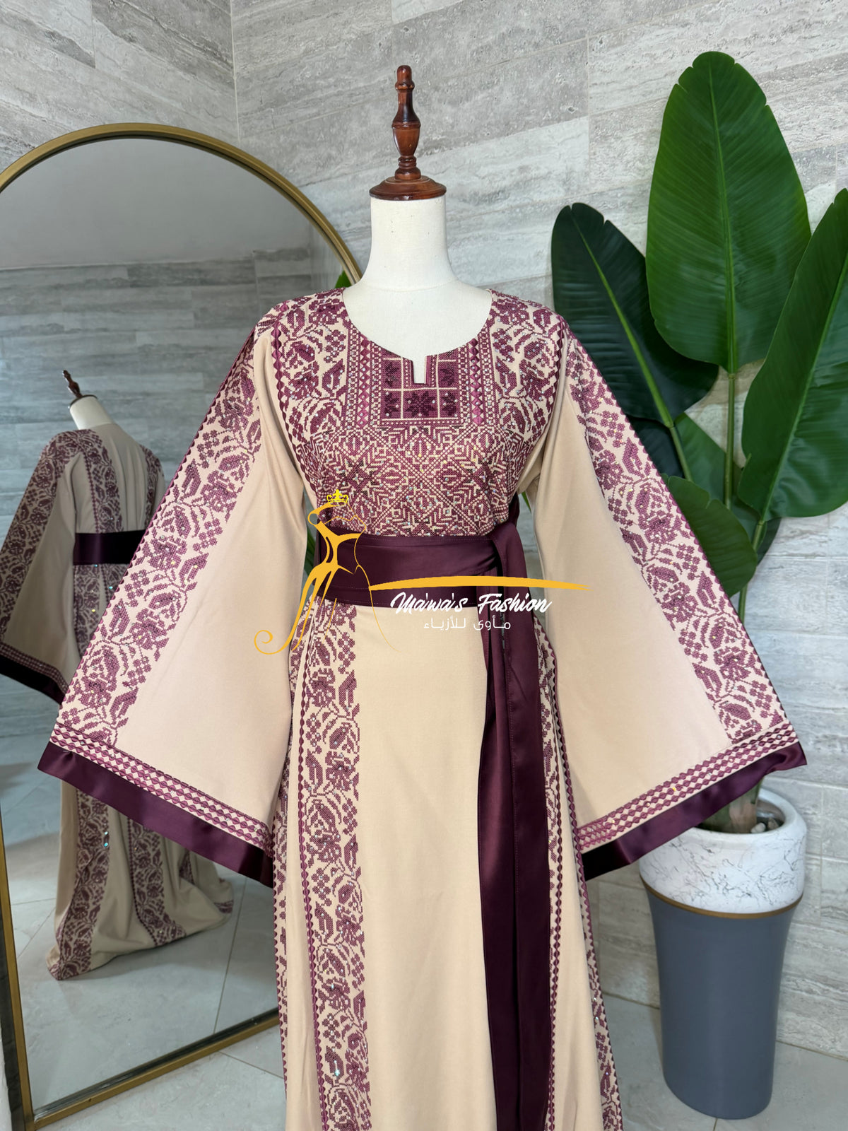 Category Luxury Beige Thobe with Burgundy Embroidery & Satin Belt Style MAO326D